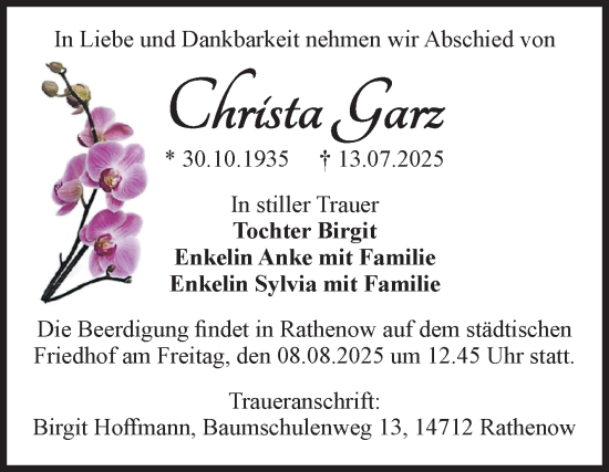 Traueranzeige von Christa Garz von Volksstimme Altmark Ost
