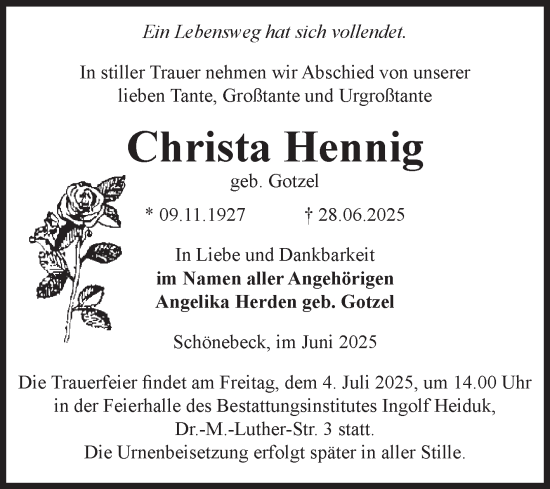 Traueranzeige von Christa Hennig von Volksstimme Schönebeck