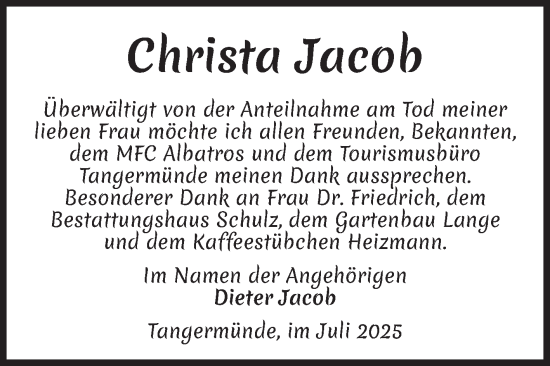 Traueranzeige von Christa Jacob von Volksstimme Altmark Ost