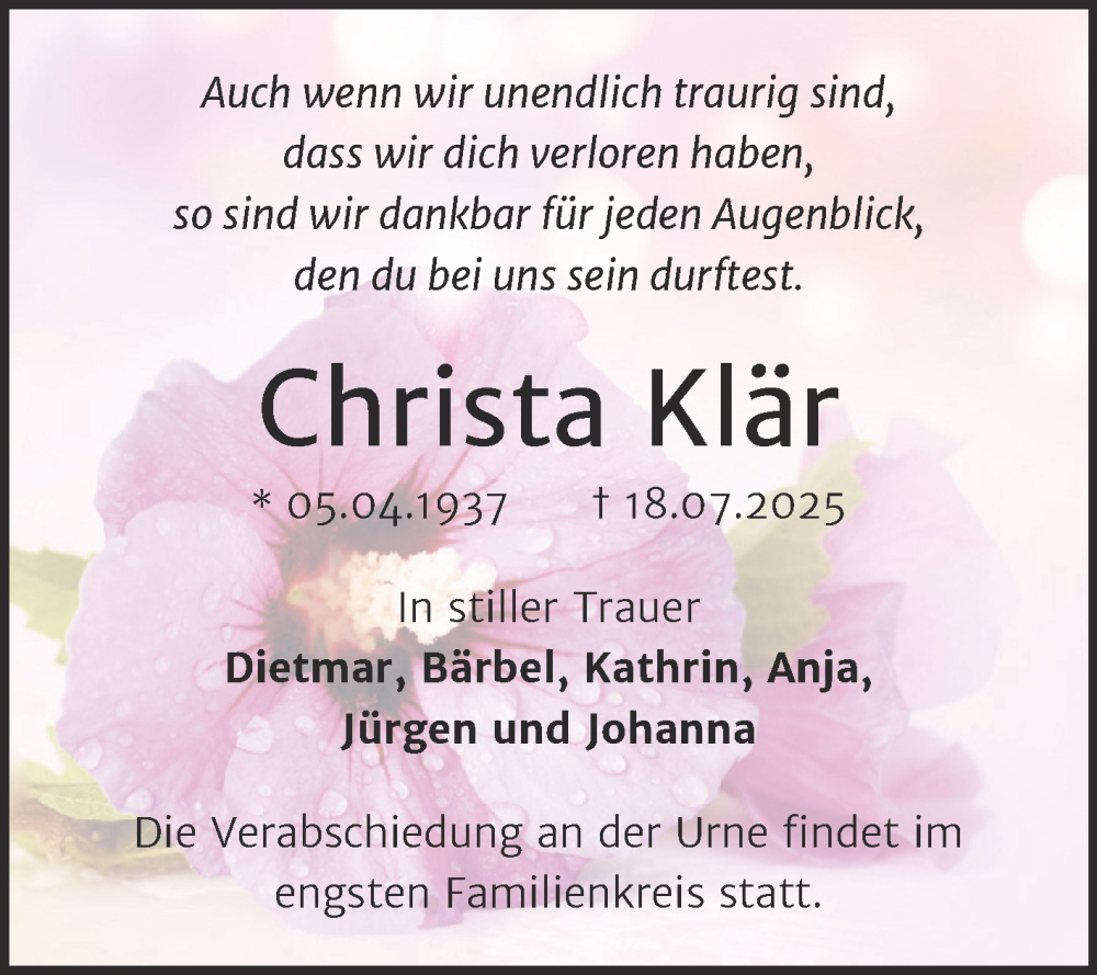  Traueranzeige für Christa Klär vom 26.07.2025 aus Trauerkombi Sangerhausen
