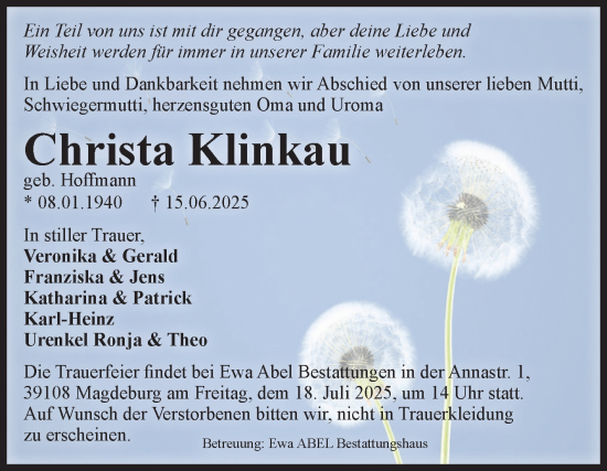 Traueranzeige von Christa Klinkau von Volksstimme Oschersleben/Wanzleben