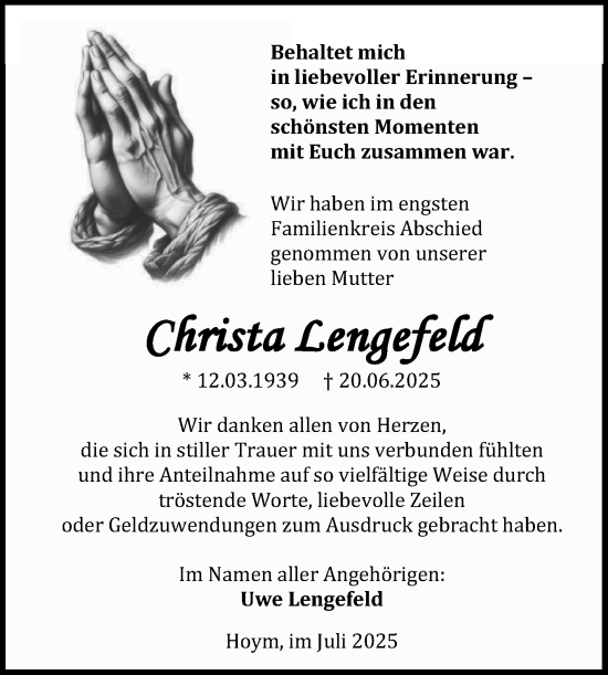 Traueranzeige von Christa Lengefeld von Trauerkombi Aschersleben
