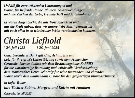 Traueranzeige von Christa Liefhold von Trauerkombi Quedlinburg