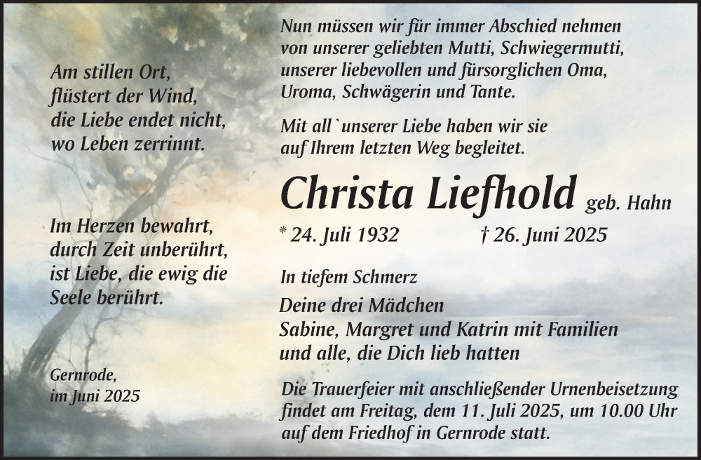  Traueranzeige für Christa Liefhold vom 05.07.2025 aus Trauerkombi Quedlinburg