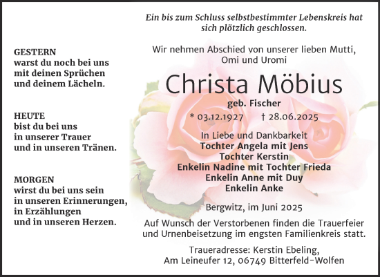 Traueranzeige von Christa Möbius von Trauerkombi Wittenberg