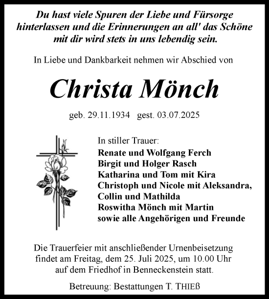 Traueranzeige von Christa Mönch von Volksstimme Wernigerode