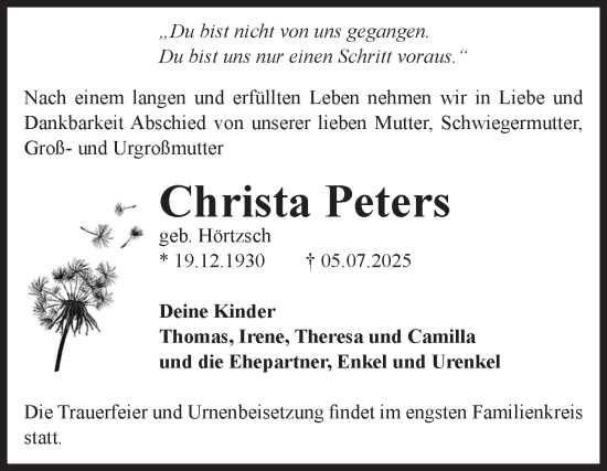 Traueranzeige von Christa Peters von Volksstimme Schönebeck