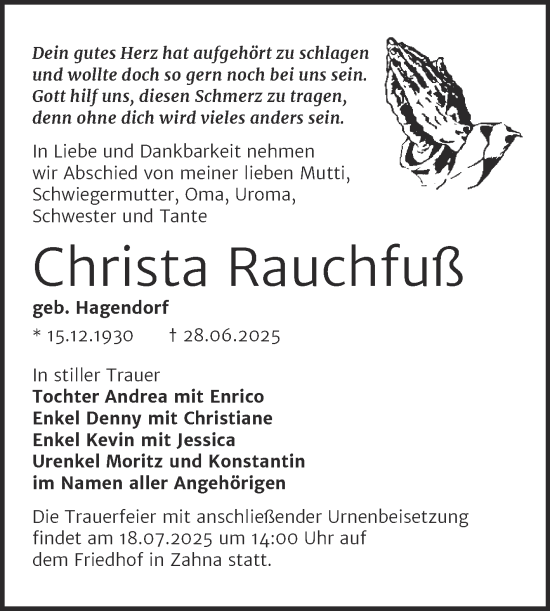 Traueranzeige von Christa Rauchfuß von Trauerkombi Wittenberg