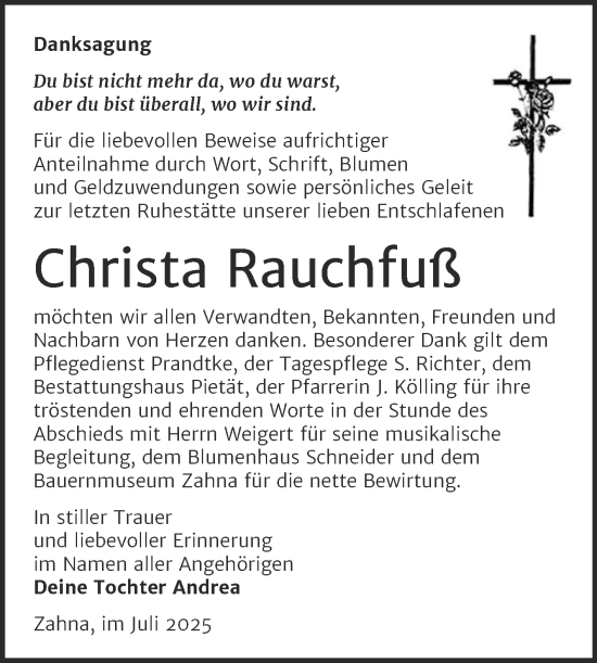 Traueranzeige von Christa Rauchfuß von Trauerkombi Wittenberg