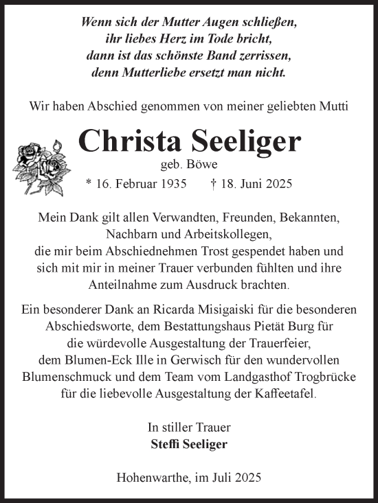 Traueranzeige von Christa Seeliger von Volksstimme Burg/Genthin