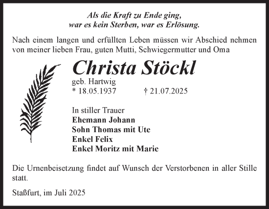 Traueranzeige von Christa Stöckl von Volksstimme Staßfurt