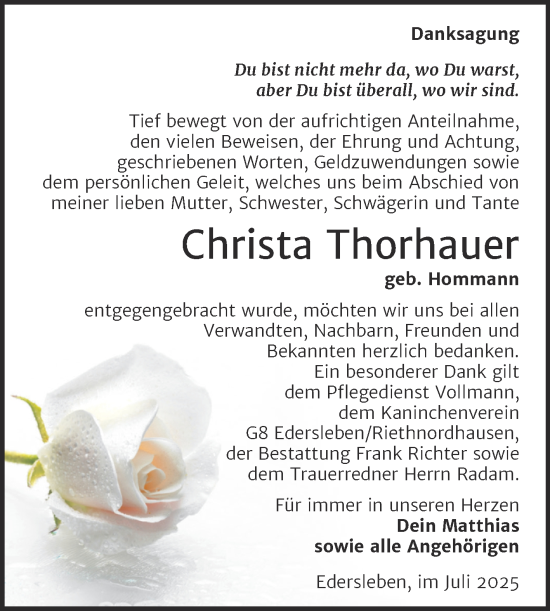 Traueranzeige von Christa Thorhauer von Trauerkombi Sangerhausen