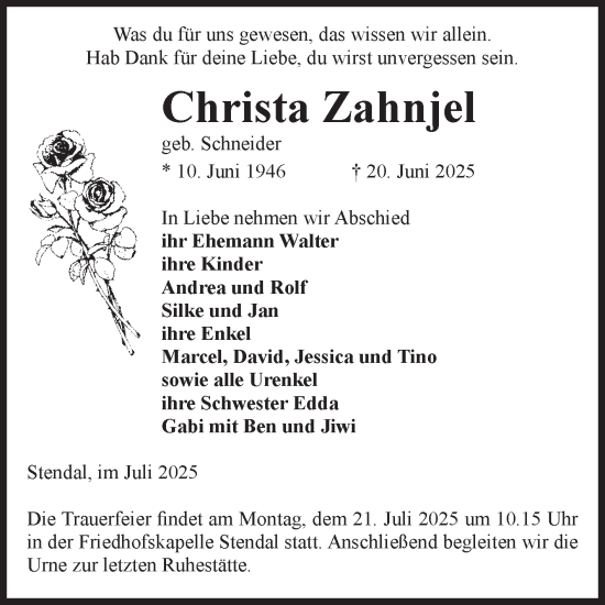 Traueranzeige von Christa Zahnjel von Volksstimme Altmark Ost
