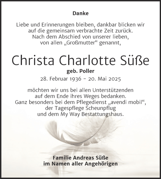 Traueranzeige von Christa Charlotte Süße von Trauerkombi Weißenfels