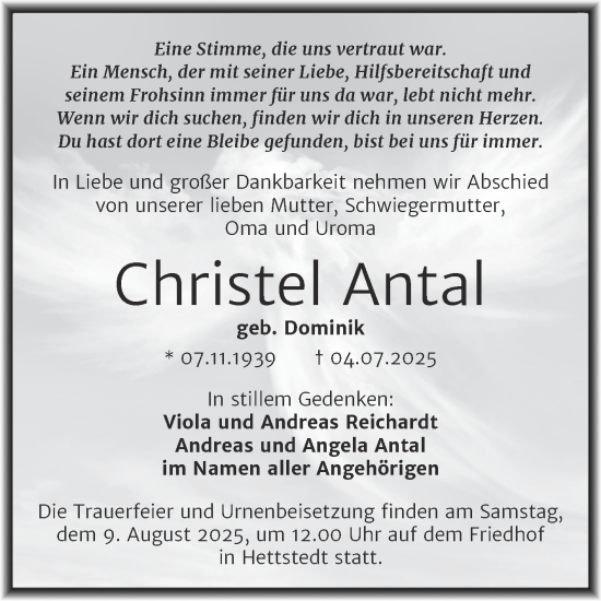 Traueranzeige von Christel Antal von Trauerkombi Mansfelder Land