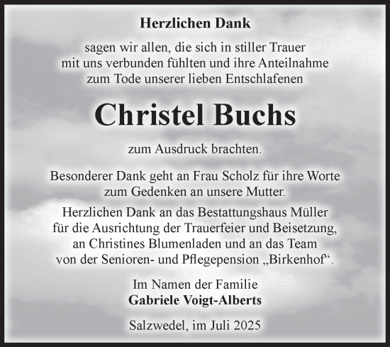 Traueranzeige von Christel Buchs von Volksstimme Altmark West