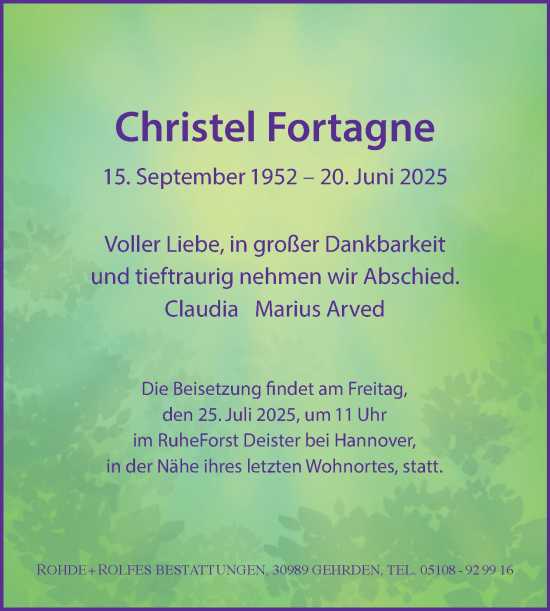 Traueranzeige von Christel Fortagne von Trauerkombi Wittenberg
