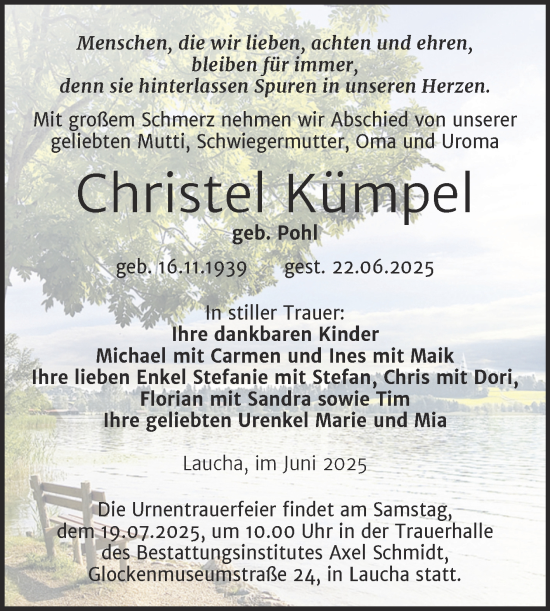 Traueranzeige von Christel Kümpel von Naumburger Tageblatt