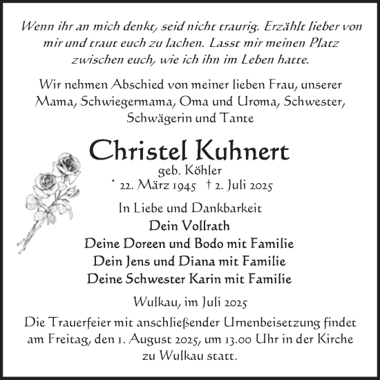 Traueranzeige von Christel Kuhnert von Volksstimme Altmark Ost