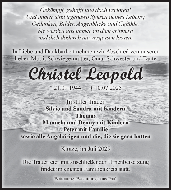 Traueranzeige von Christel Leopold von Volksstimme Altmark West