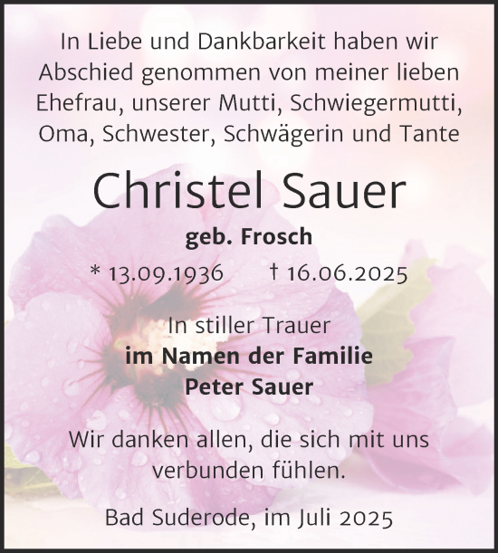 Traueranzeige von Christel Sauer von Trauerkombi Quedlinburg