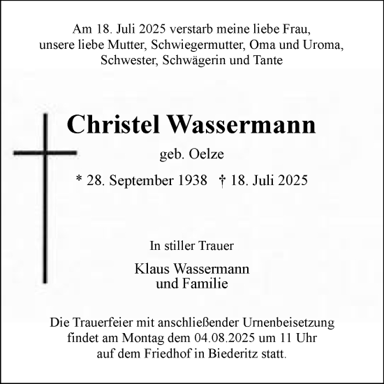 Traueranzeige von Christel Wassermann von Volksstimme Burg/Genthin