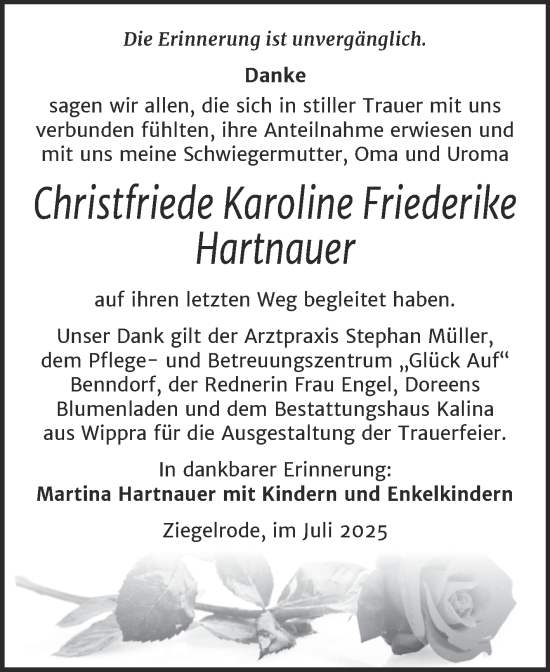 Traueranzeige von Christfriede Karoline Friederike Hartnauer von Trauerkombi Mansfelder Land