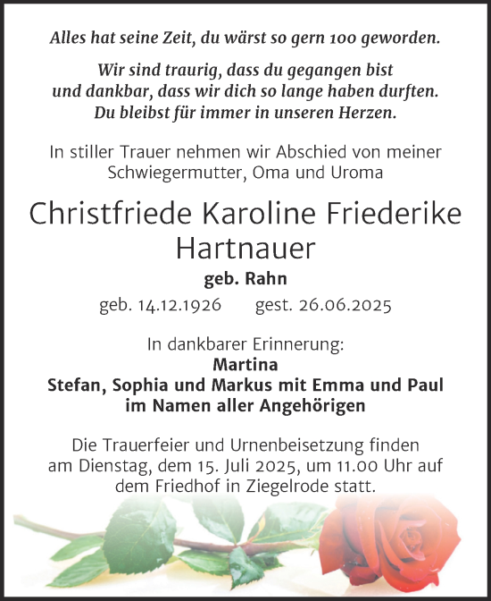 Traueranzeige von Christfriede Karoline Friederike Hartnauer von Trauerkombi Mansfelder Land