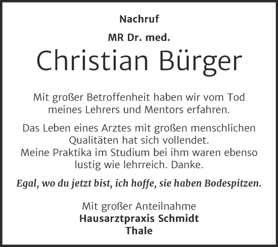 Traueranzeige von Christian Bürger von Mitteldeutsche Zeitung Quedlingburg