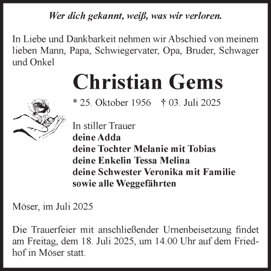 Traueranzeige von Christian Gems 
