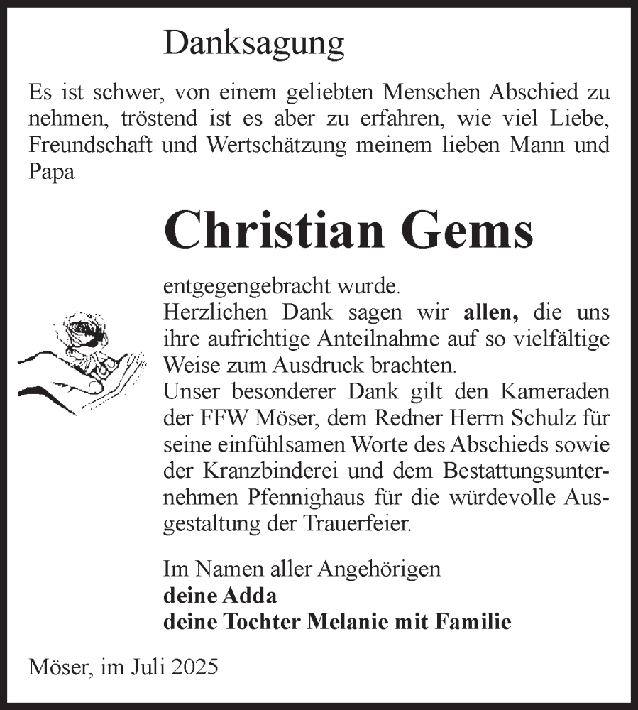  Traueranzeige für Christian Gems vom 26.07.2025 aus 