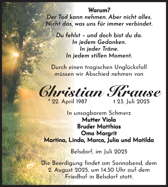 Traueranzeige von Christian Krause von Volksstimme Haldensleben/Wolmirstedt
