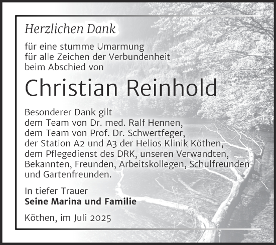 Traueranzeige von Christian Reinhold von Trauerkombi Köthen