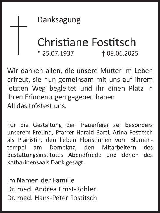 Traueranzeige von Christiane Fostitsch von Volksstimme Haldensleben/Wolmirstedt