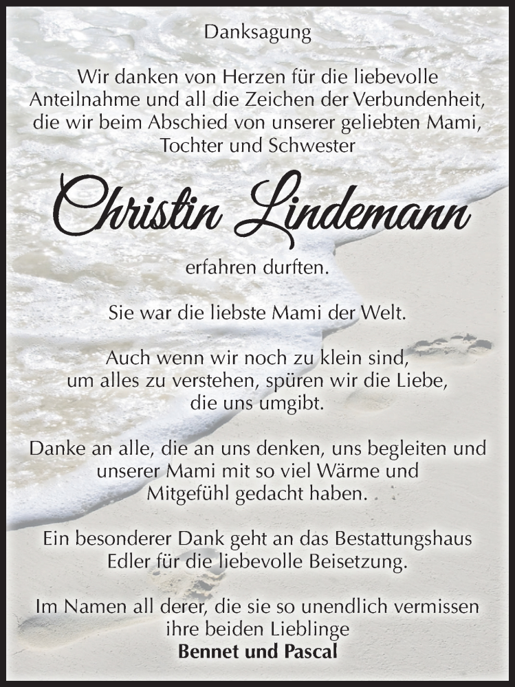 Traueranzeige für Christin Lindemann vom 19.07.2025 aus Volksstimme Schönebeck
