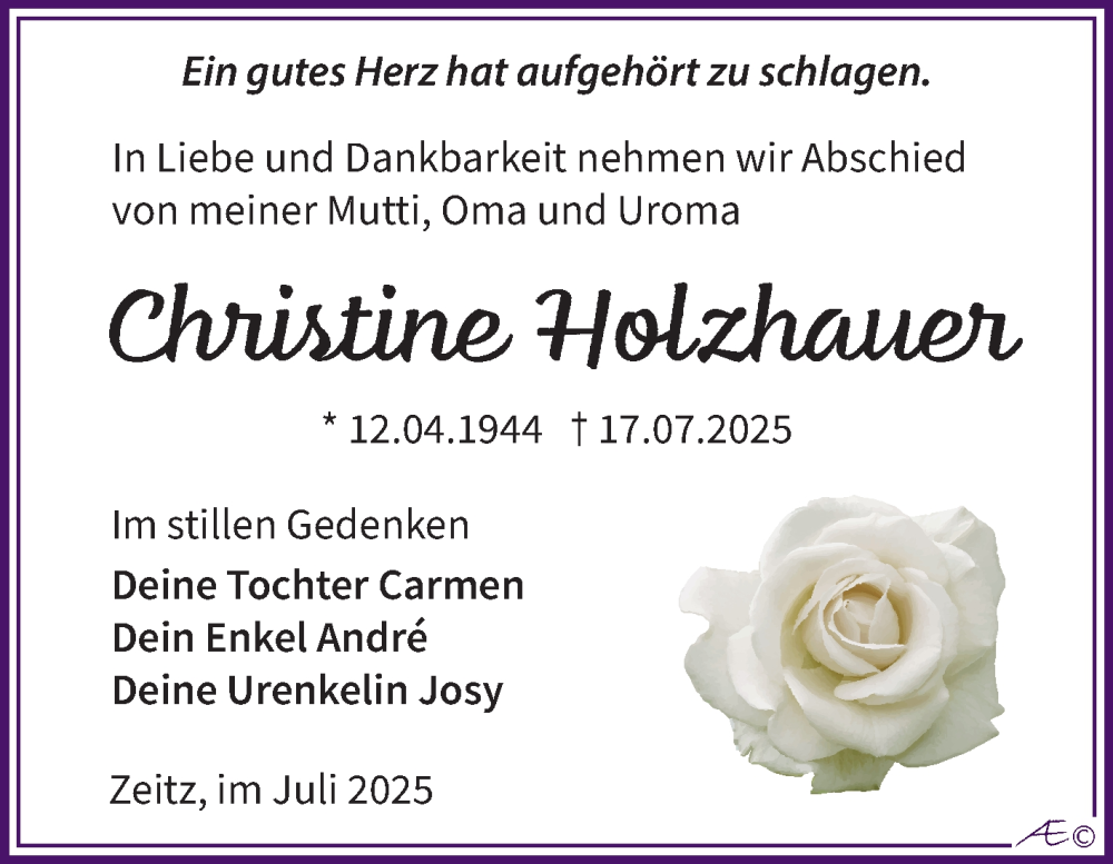  Traueranzeige für Christine Holzhauer vom 26.07.2025 aus Trauerkombi Zeitz