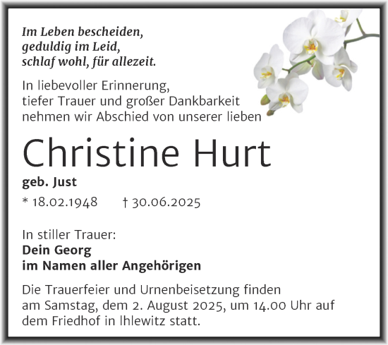 Traueranzeige von Christine Hurt von Trauerkombi Mansfelder Land