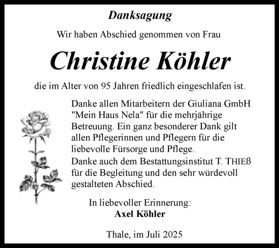 Traueranzeige von Christine Köhler von Mitteldeutsche Zeitung Quedlingburg