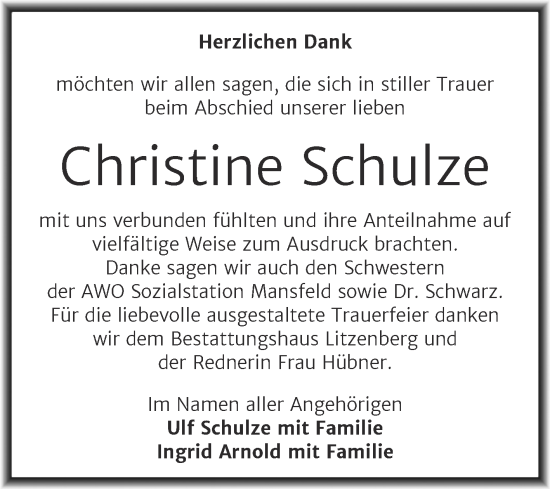 Traueranzeige von Christine Schulze von Trauerkombi Mansfelder Land