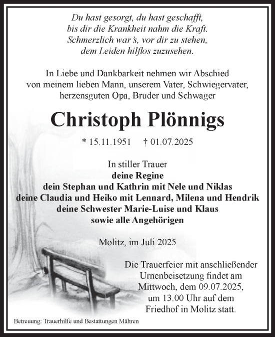 Traueranzeige von Christoph Plönnigs von Volksstimme Altmark Ost