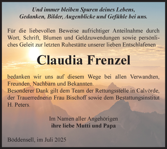 Traueranzeige von Claudia Frenzel von Volksstimme Haldensleben/Wolmirstedt