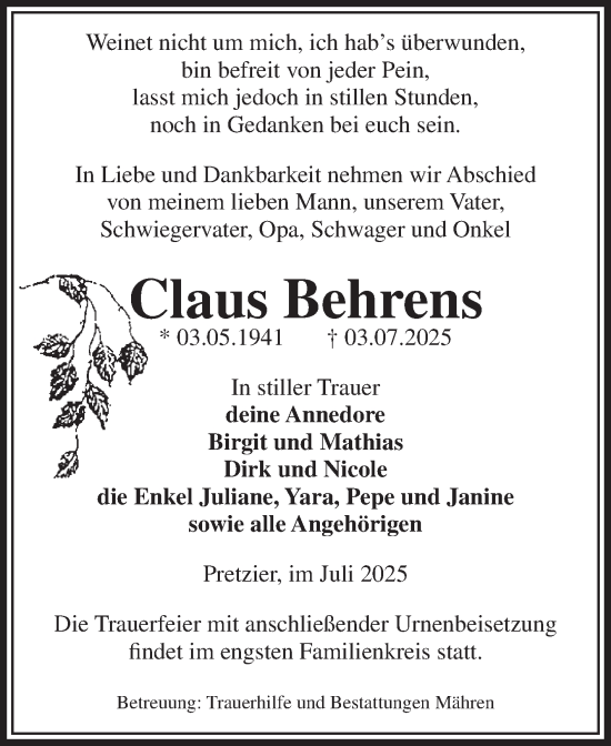 Traueranzeige von Claus Behrens von Volksstimme Altmark West