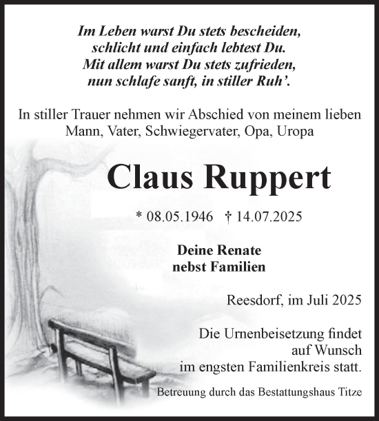 Traueranzeige von Claus Ruppert von Volksstimme Burg/Genthin
