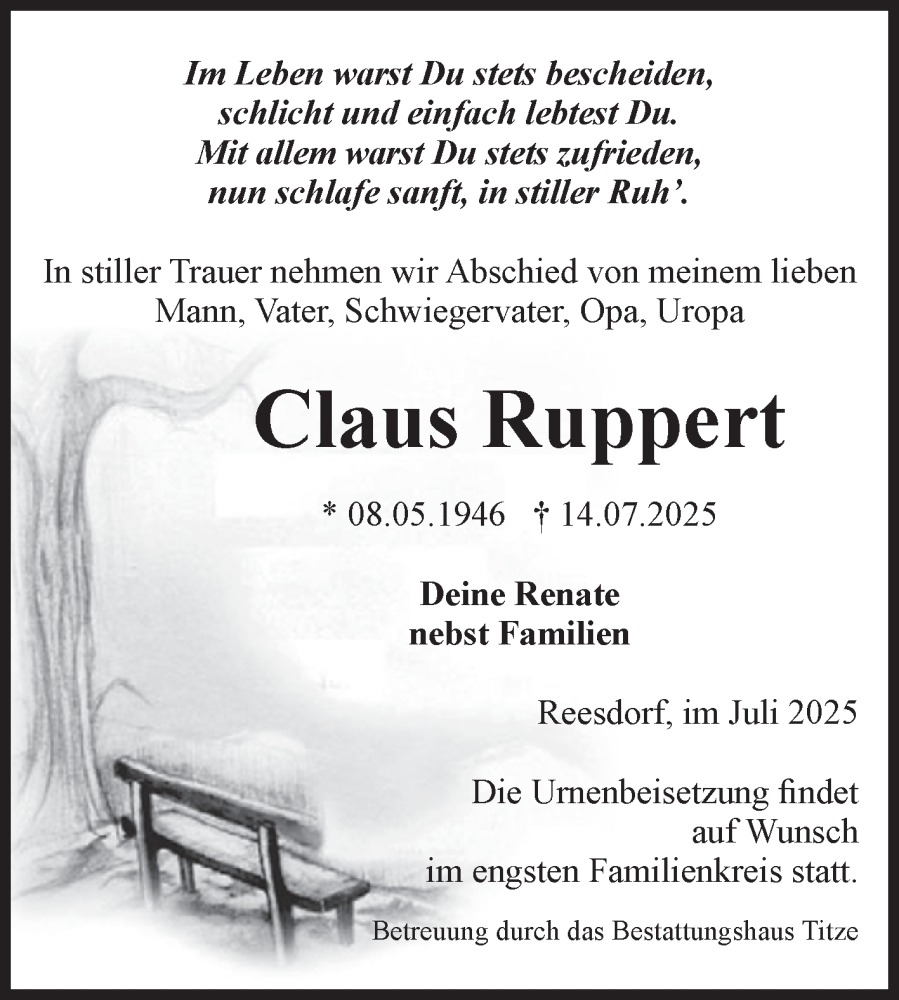  Traueranzeige für Claus Ruppert vom 19.07.2025 aus Volksstimme Burg/Genthin
