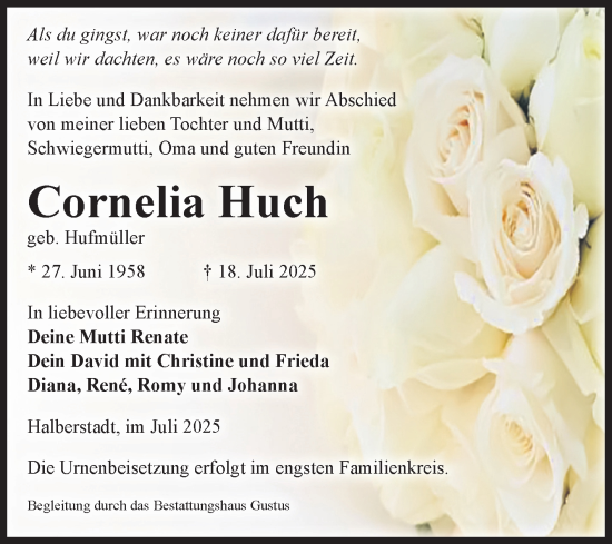 Traueranzeige von Cornelia Huch von Volksstimme Halberstadt