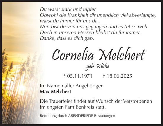 Traueranzeige von Cornelia Melchert von Volksstimme Magdeburg