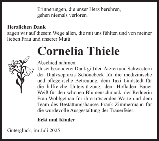 Traueranzeige von Cornelia Thiele von Volksstimme Zerbst