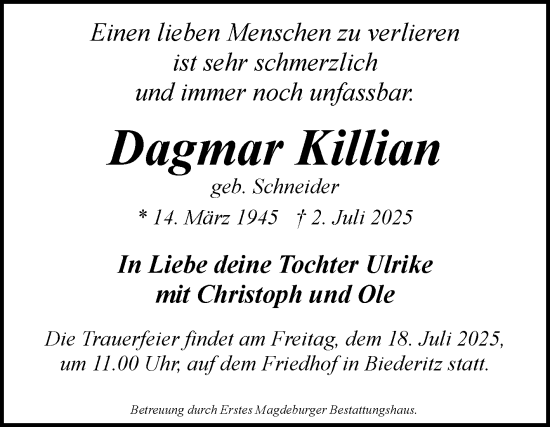 Traueranzeige von Dagmar Killian von Volksstimme Magdeburg