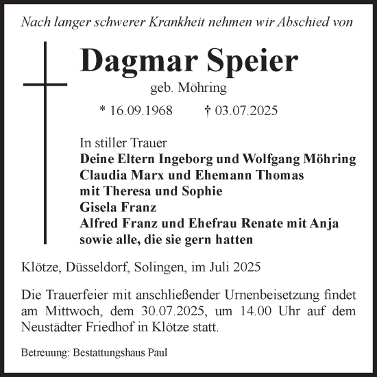 Traueranzeige von Dagmar Speier von Volksstimme Altmark West