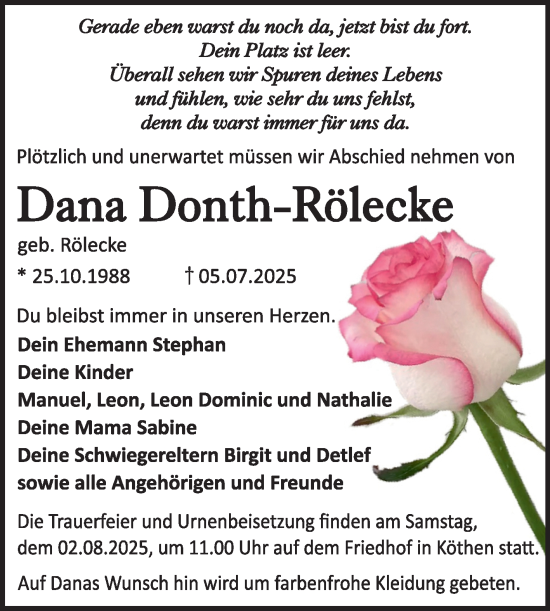 Traueranzeige von Dana Donth-Rölecke von Trauerkombi Köthen